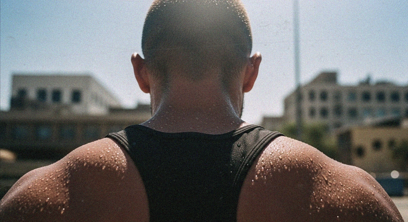 A sweaty athlete's back and shoulders glisten in the sun, showcasing the physical toll of training in a changing climate for a story about Filipino athletes. - heatseekerproject.com
