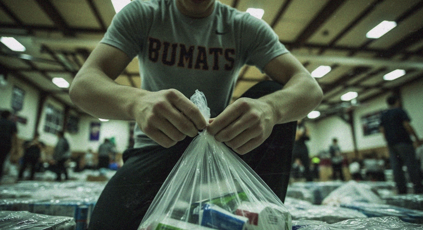 A Filipino athlete wearing a "BUMATS" shirt carefully ties a plastic bag filled with disaster relief supplies in a gymnasium setting, showcasing disaster response efforts. - heatseekerproject.com