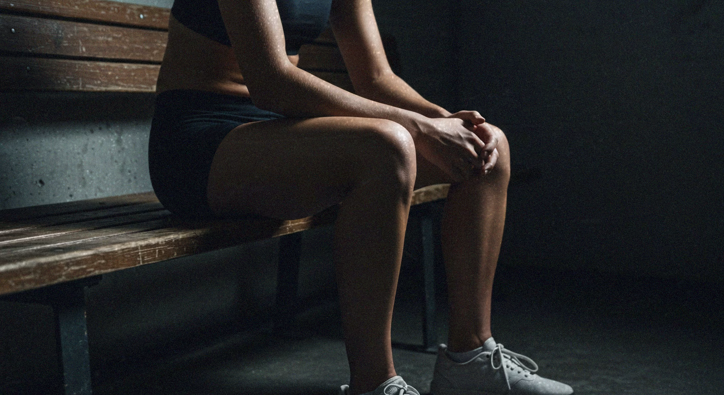A sweaty woman in athletic wear sits on a wooden bench, her hands resting on her knees, representing stillness after a workout. - heatseekerproject.com