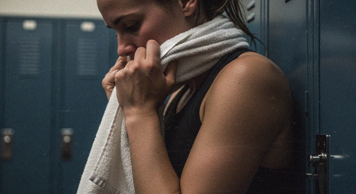 Post-workout: Sweaty woman in locker room with white towel.